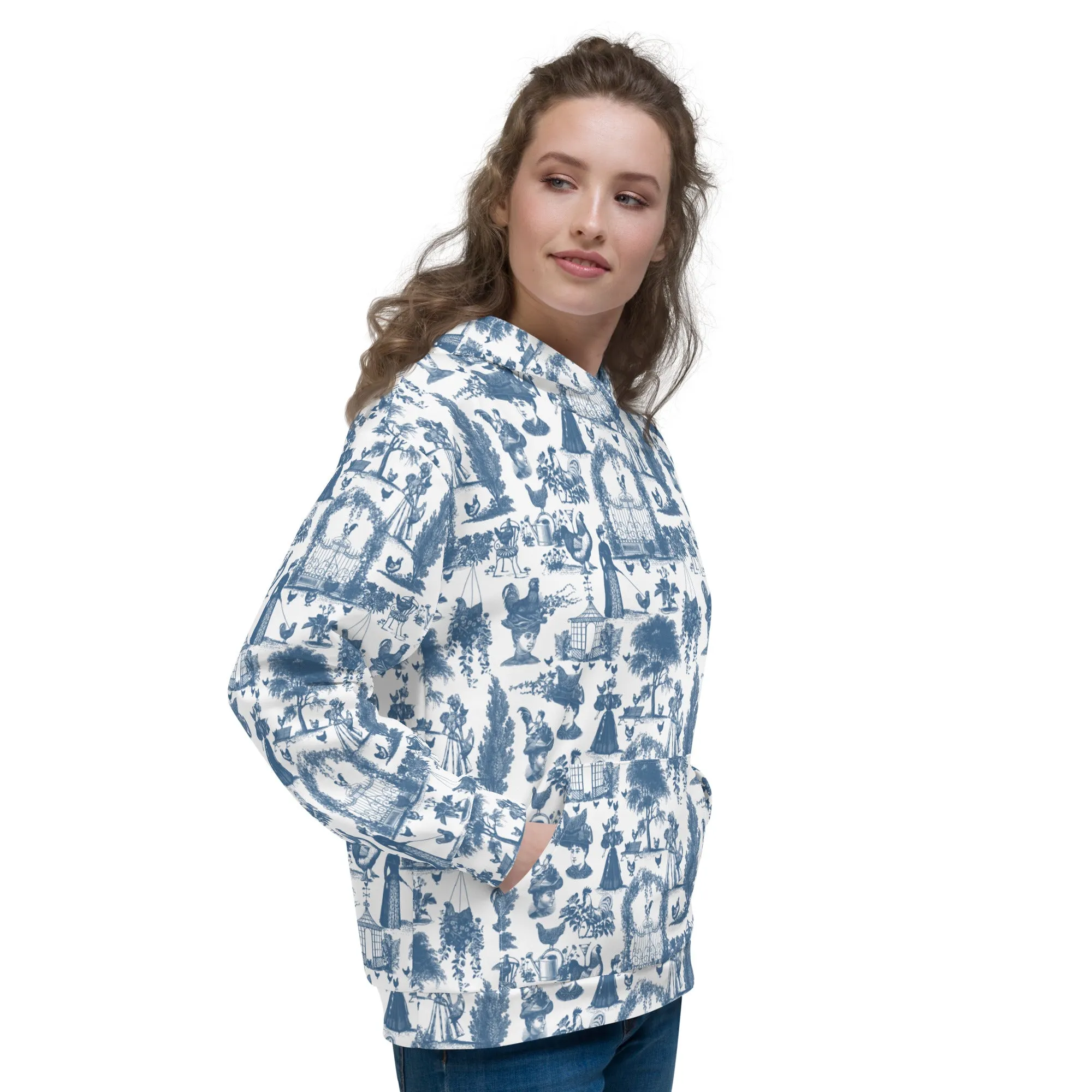Chicken Lady Toile Unisex Hoodie, cornflower