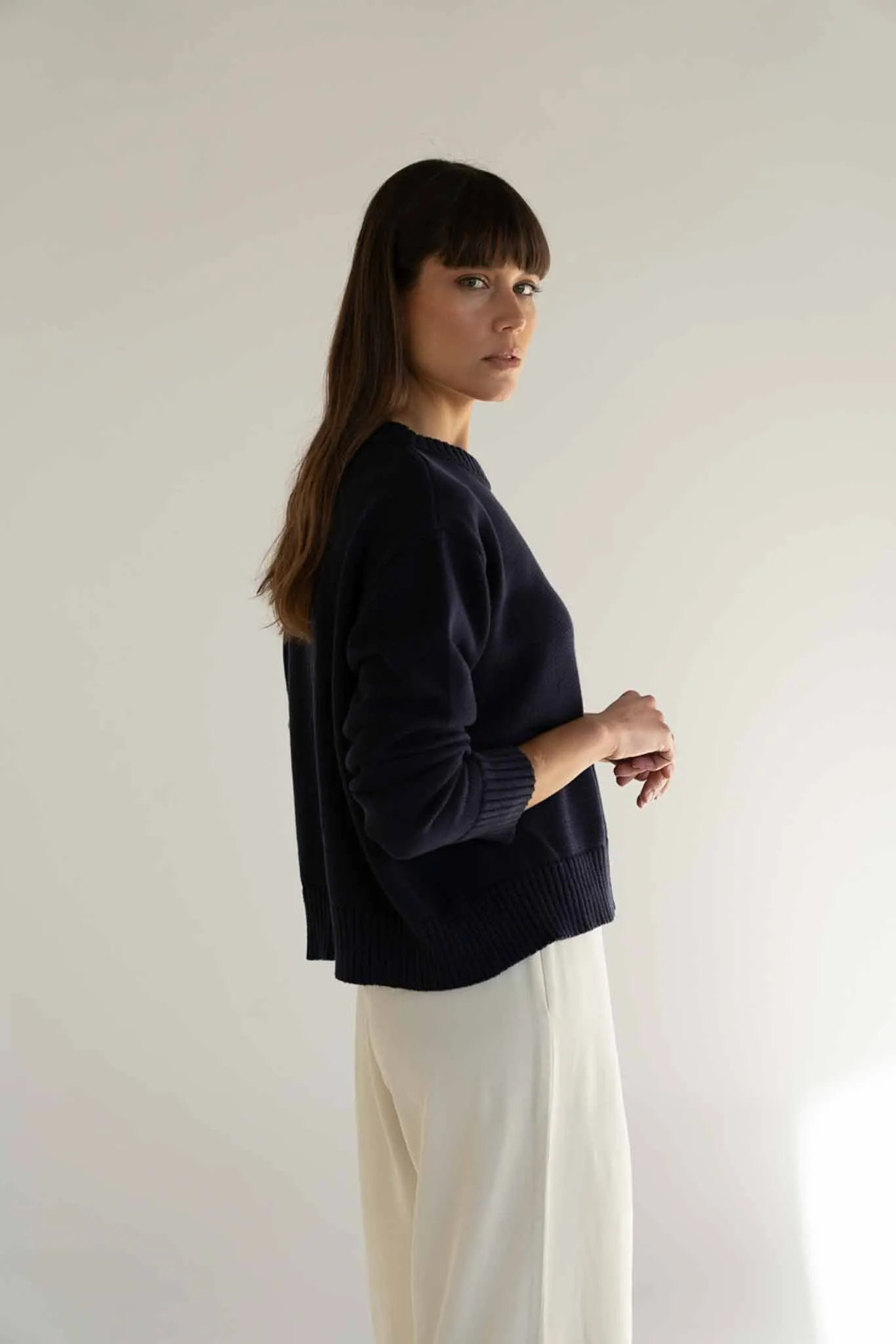 Claudia Navy Cotton Crewneck