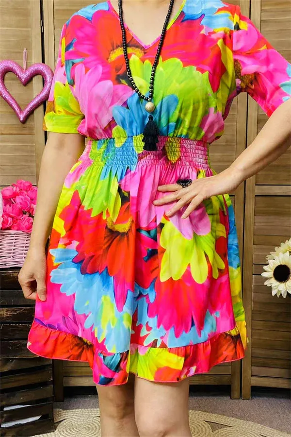 Colorful Flower dress with gathered waist