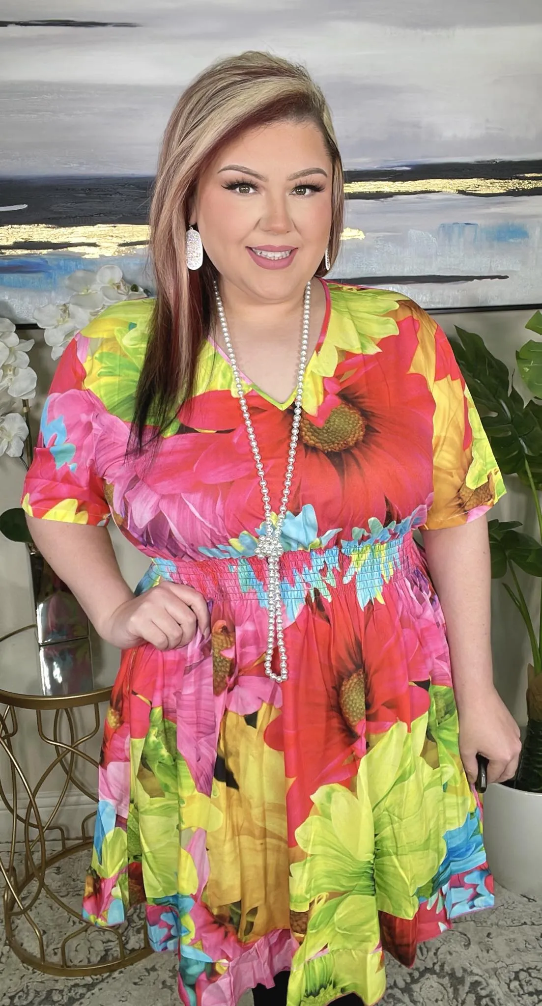 Colorful Flower dress with gathered waist