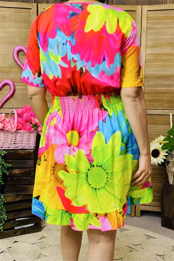 Colorful Flower dress with gathered waist