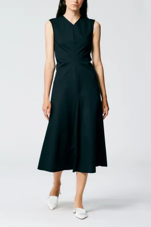 Compact Ultra Stretch Knit V-Neck Godet Dress in Black