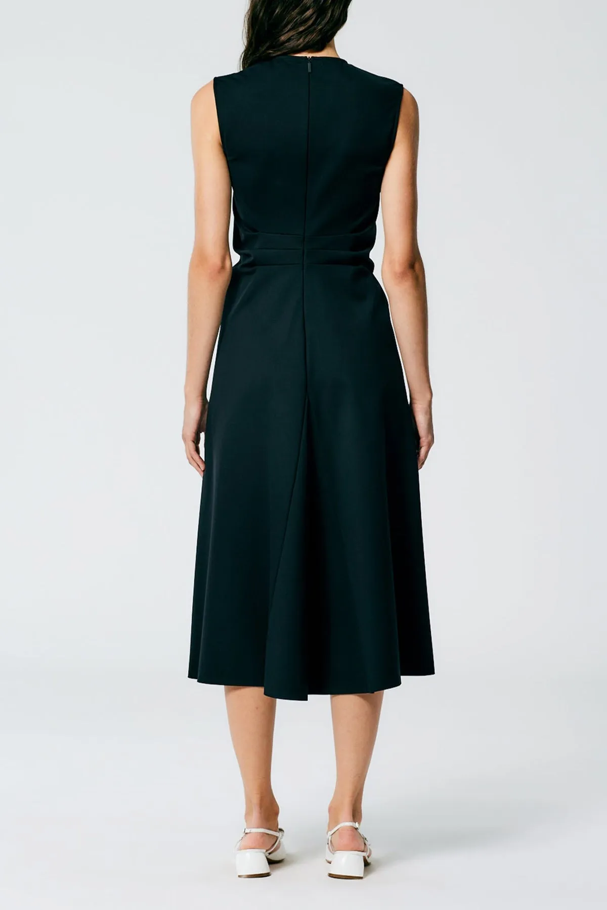 Compact Ultra Stretch Knit V-Neck Godet Dress in Black