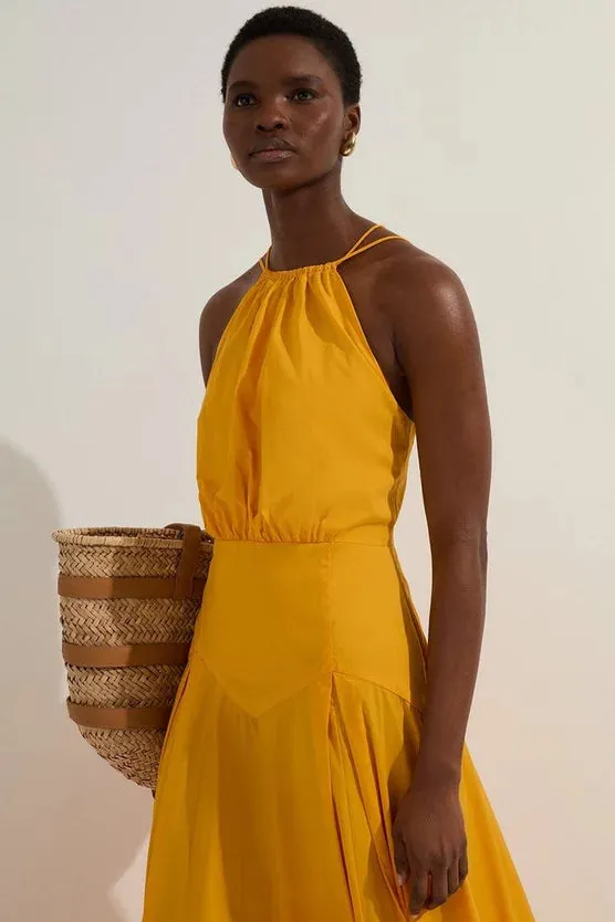 Cotton Halter Neck Woven Midi Dress With Dropped Waist Detail