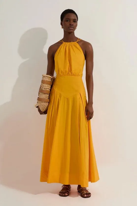 Cotton Halter Neck Woven Midi Dress With Dropped Waist Detail