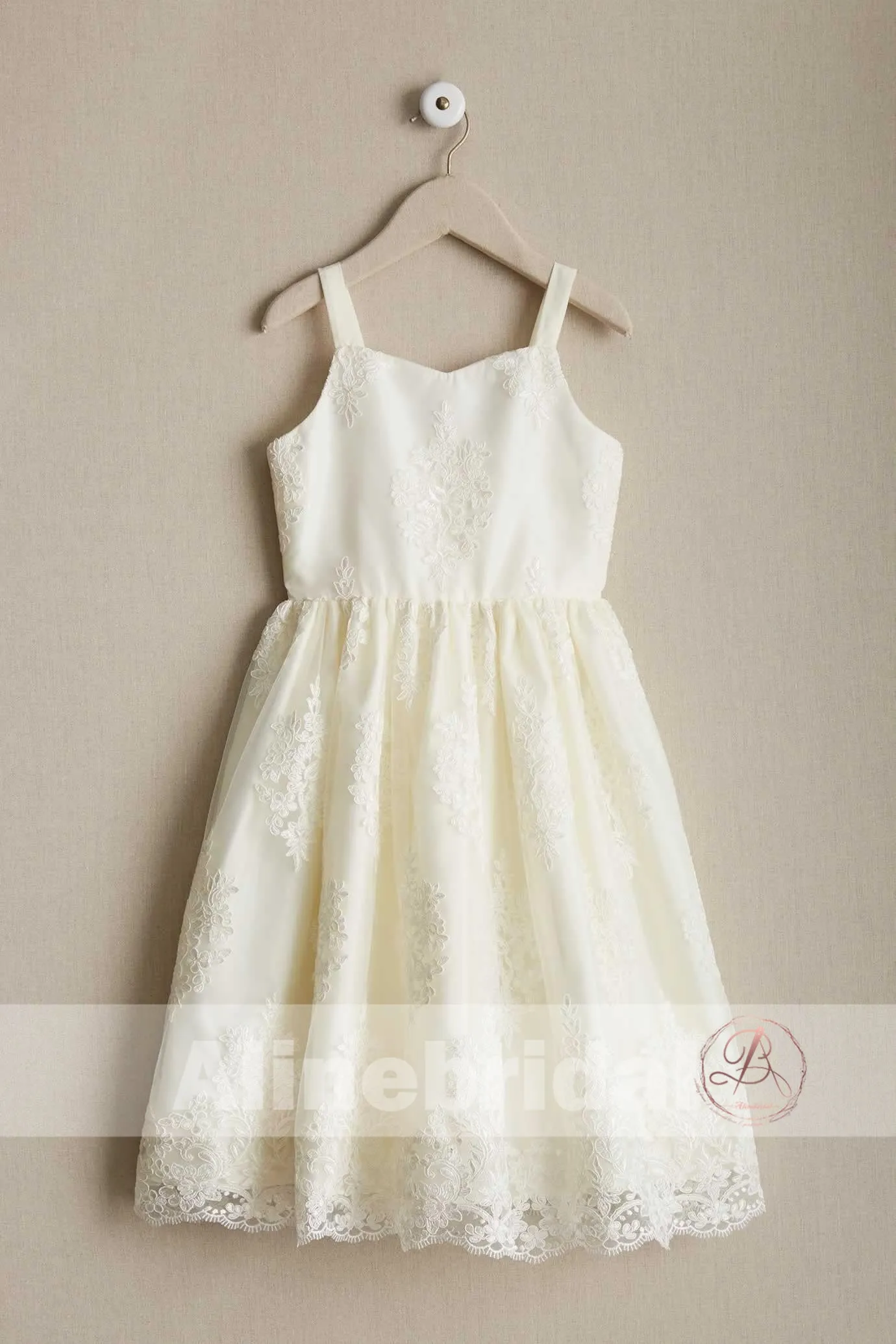 Dark Ivory Lace Spaghetti Straps A-line Flower Girl Dresses, FGS094