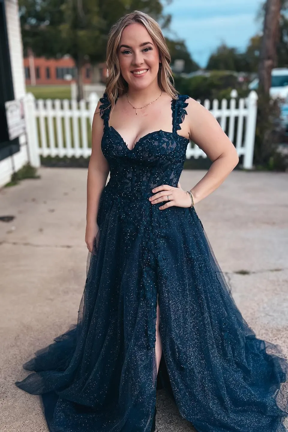 Dark Navy Appliques A-line Long Formal Dress
