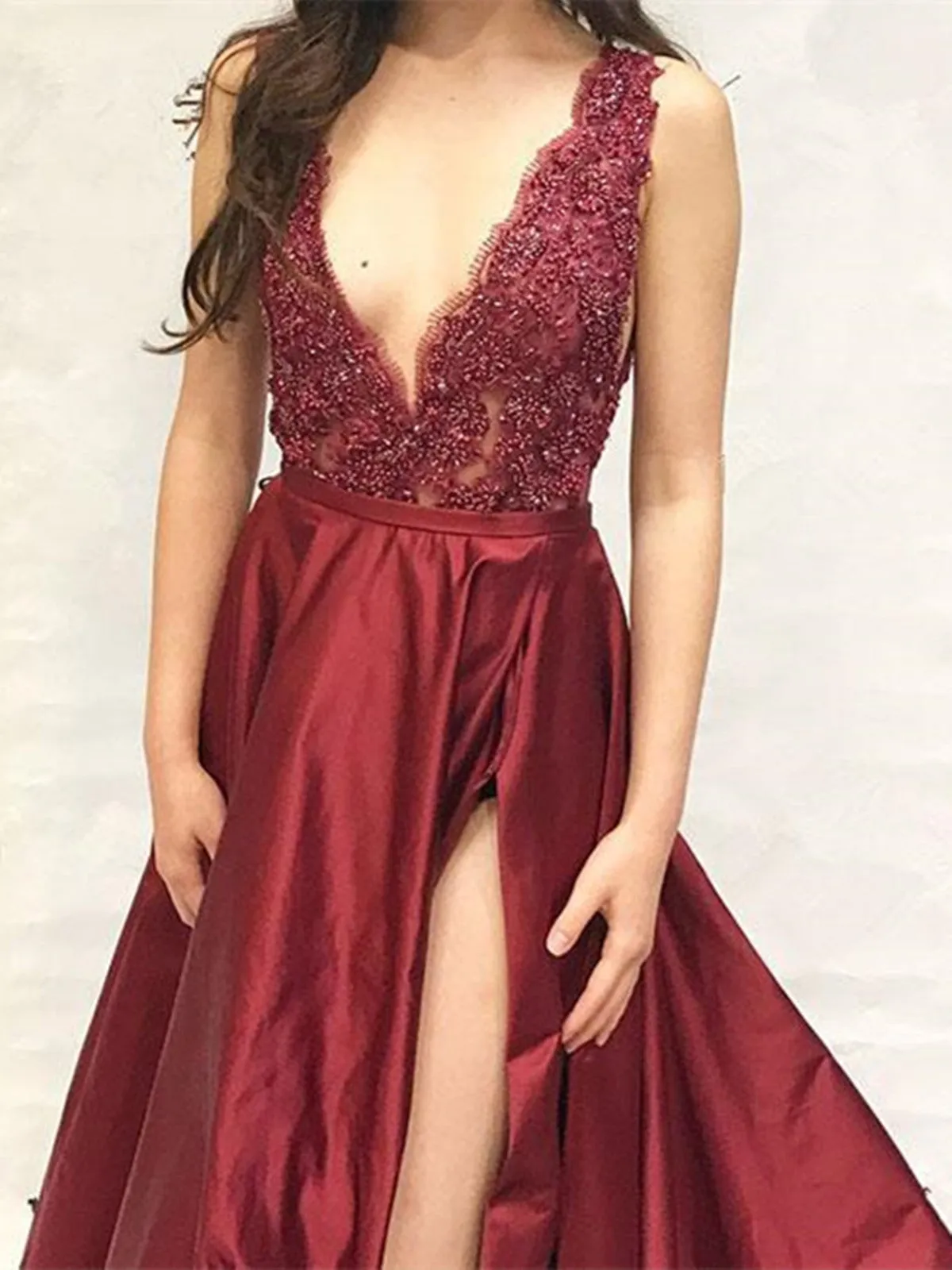 Deep V-Neck Burgundy With Appliques Split Long Prom Dress,  V-Neck Burgundy Evening Gown