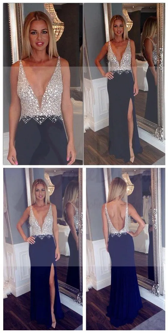 Deep V-Neck Open Back Side Slit Fashion Party Dresses Online WD0258