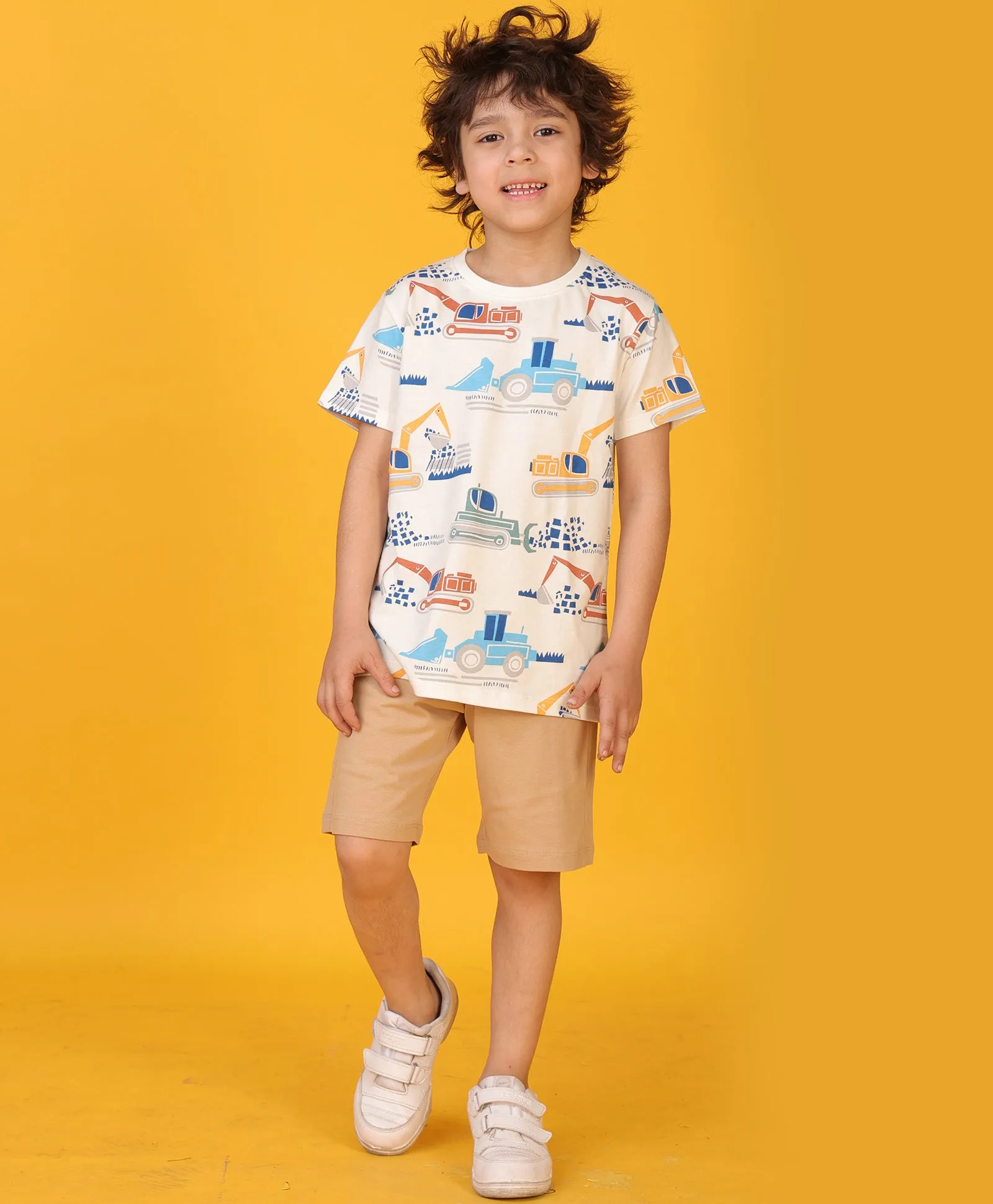 DIGGER BEIGE SUMMER BOYS SHORTS SET - WHITE/BEIGE