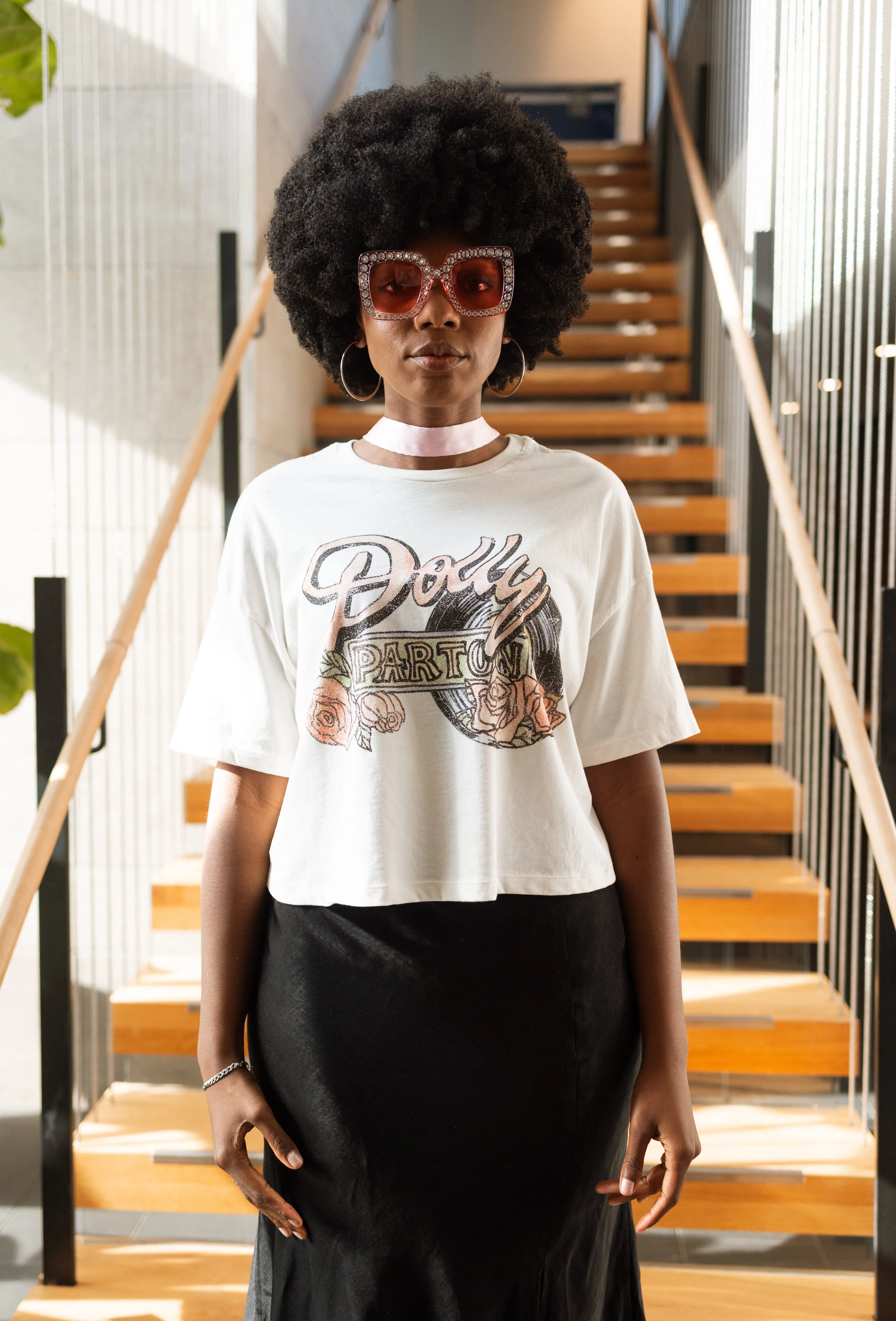 Dolly Parton Rose Record Off White Cropped Tee