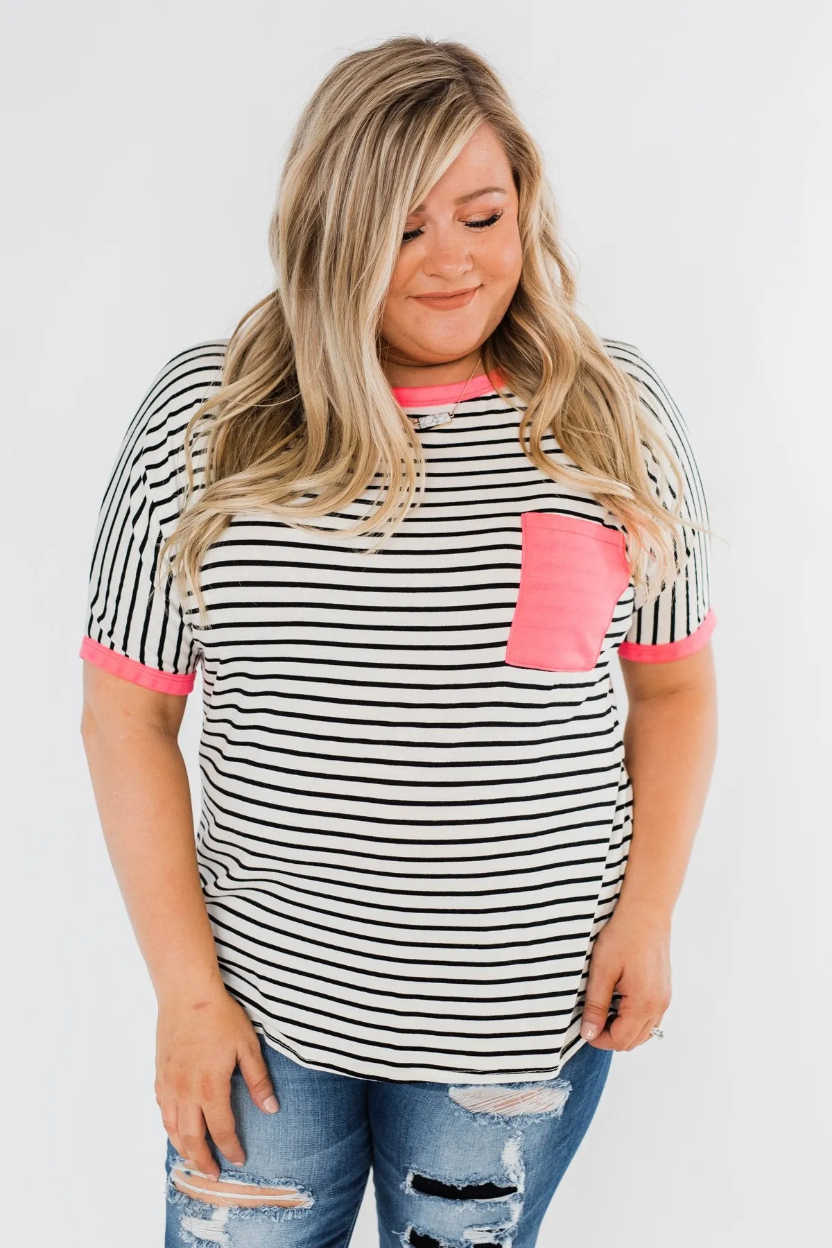 Easy Come Easy Go Striped Top- Ivory & Neon Pink
