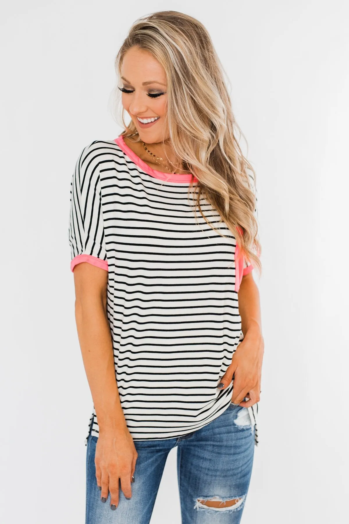 Easy Come Easy Go Striped Top- Ivory & Neon Pink