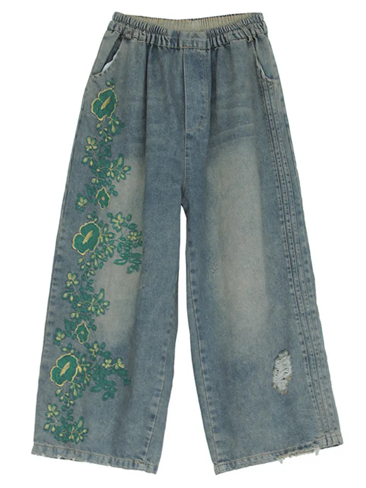 Embroidered Frayed Loose Fit Jeans for Women
