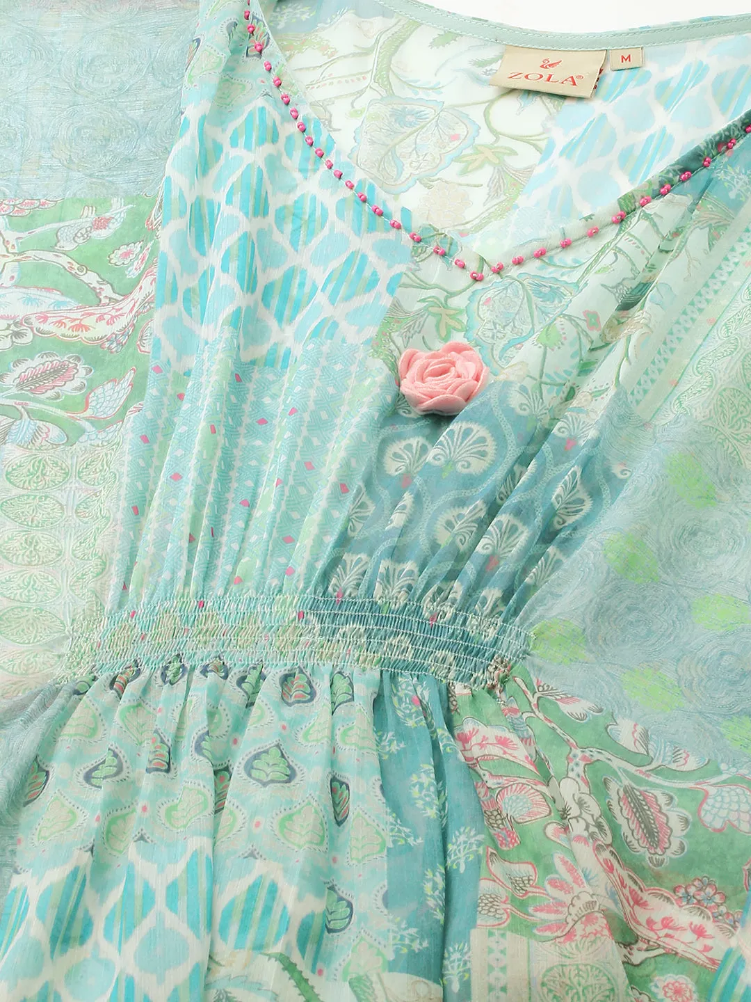 Exclusive V Neck Chiffon All Over Mixed Print Blue Loose Fit Kaftan For Women - ZOLA