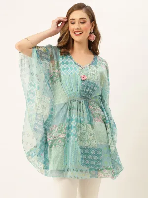 Exclusive V Neck Chiffon All Over Mixed Print Blue Loose Fit Kaftan For Women - ZOLA