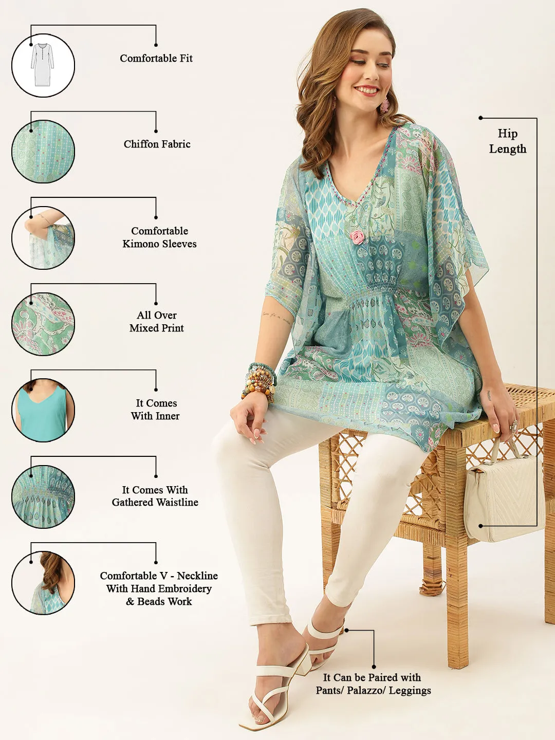 Exclusive V Neck Chiffon All Over Mixed Print Blue Loose Fit Kaftan For Women - ZOLA