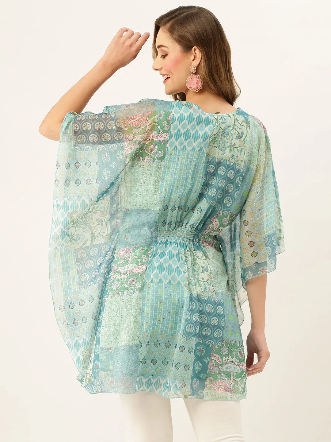 Exclusive V Neck Chiffon All Over Mixed Print Blue Loose Fit Kaftan For Women - ZOLA