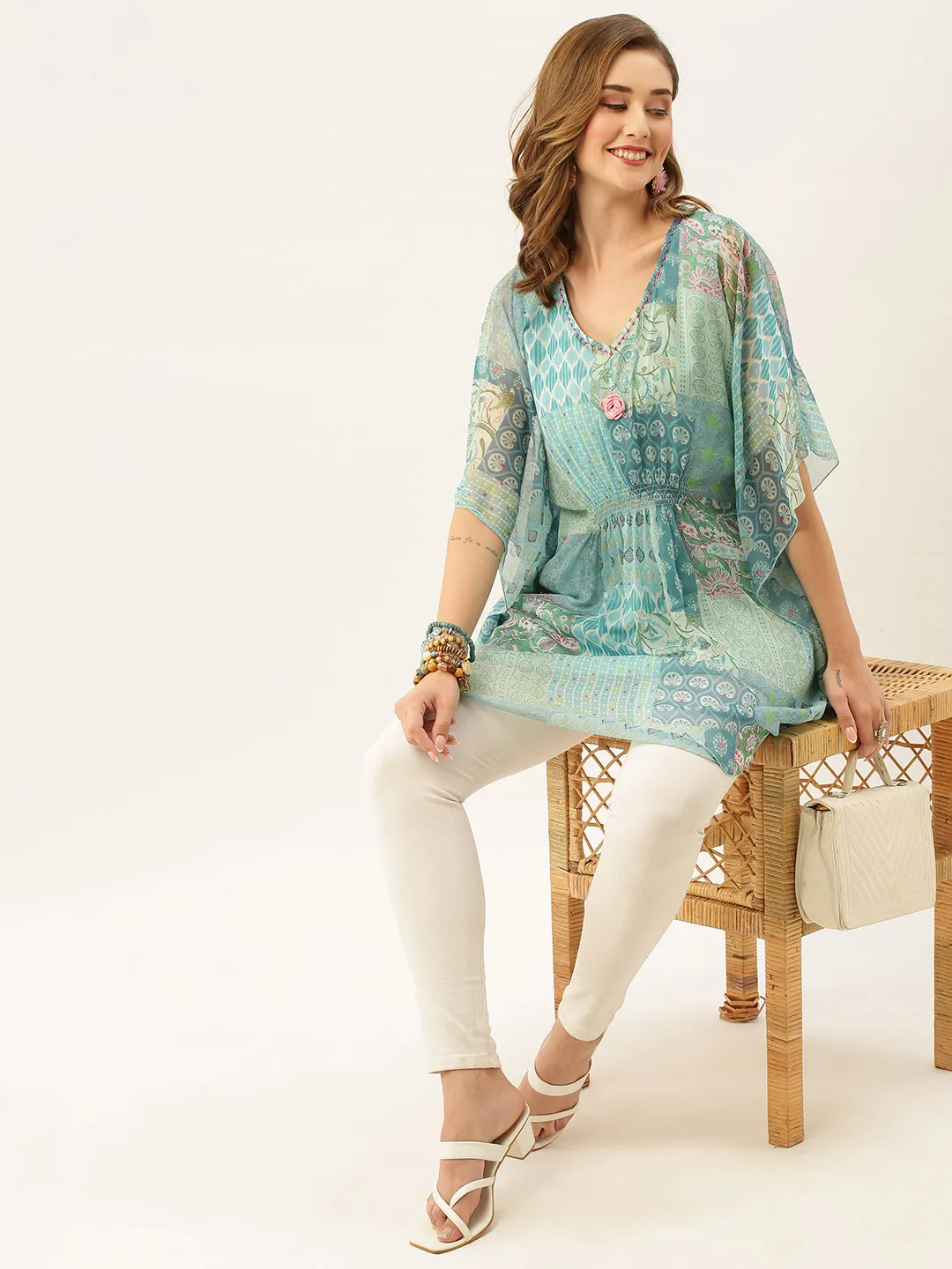 Exclusive V Neck Chiffon All Over Mixed Print Blue Loose Fit Kaftan For Women - ZOLA