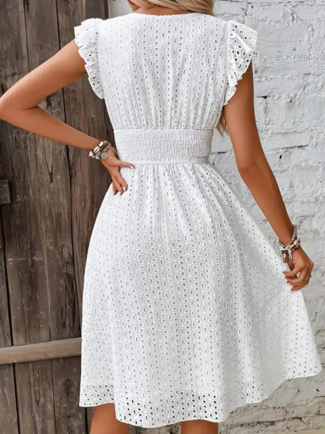 Eyelet Surplice Cap Sleeve Dress