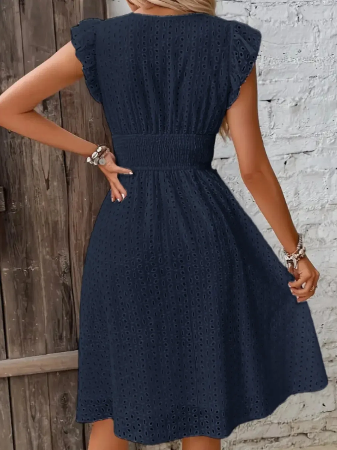 Eyelet Surplice Cap Sleeve Dress