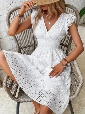 Eyelet Surplice Cap Sleeve Dress