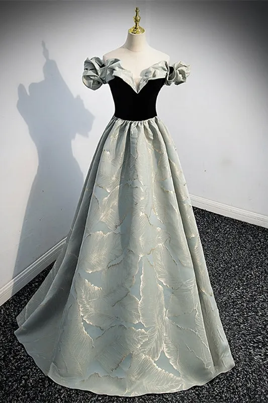 Fairy Off the Shoulder Black and Green Satin Long Prom Dress