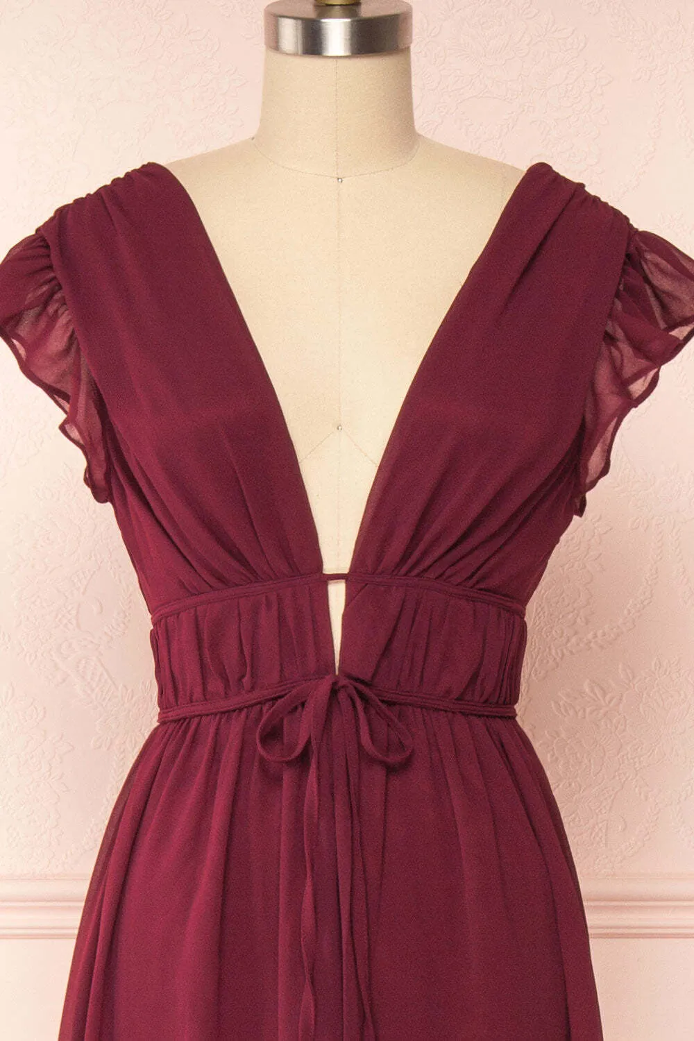 Flare Sleeves Burgundy Chiffon A-line Long Bridesmaid Dress