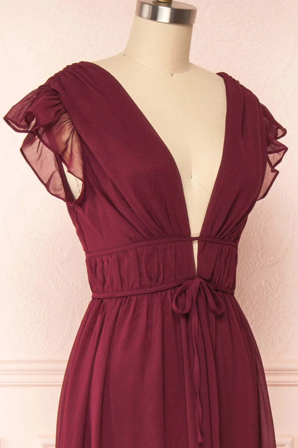 Flare Sleeves Burgundy Chiffon A-line Long Bridesmaid Dress