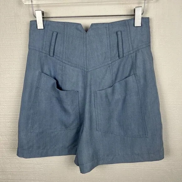 Fleur du Mal Shorts 2 Womens $325 Blue High Waist Jean Chambray Tencel Pockets