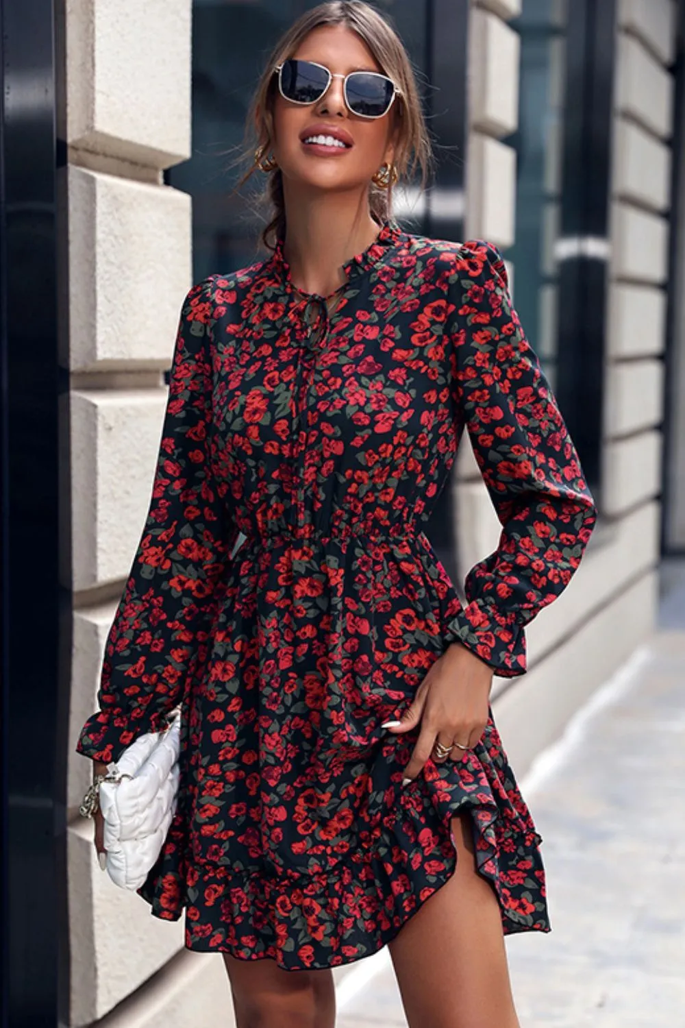 Floral Tie Neck Flounce Sleeve Mini Dress