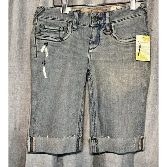 Free people Y2K Bermuda long Denim Shorts Embroidered pockets NWT size 28