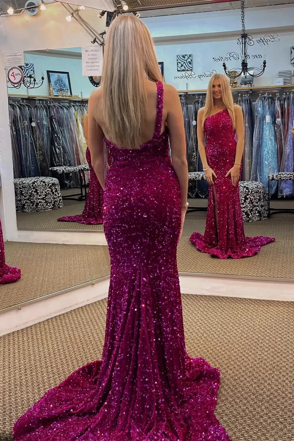 Fuchsia Sequin One Shoulder Mermaid Long Prom Dress with Slit