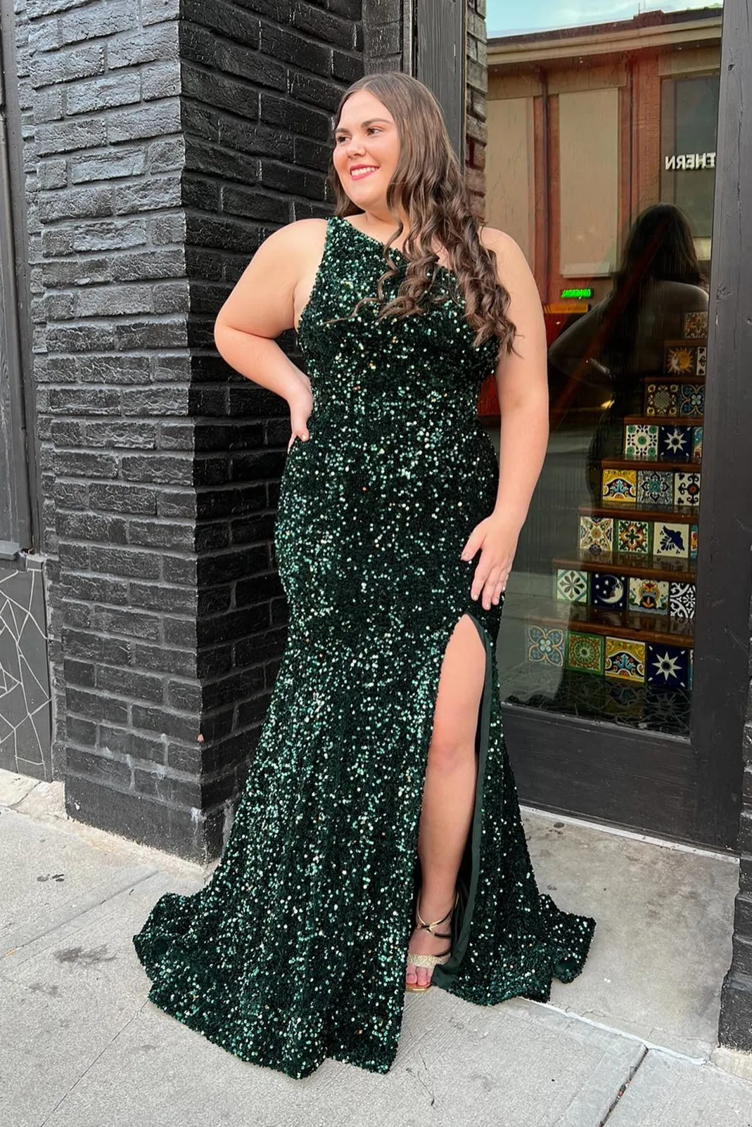 Fuchsia Sequin One Shoulder Mermaid Long Prom Dress with Slit
