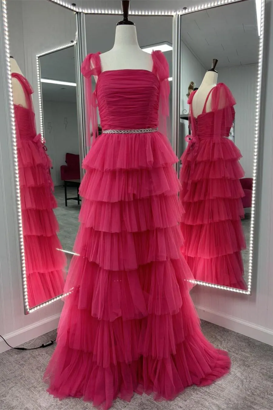 Fuchsia Tulle Tiered Ruffles Party Dress with Tie Shoulders
