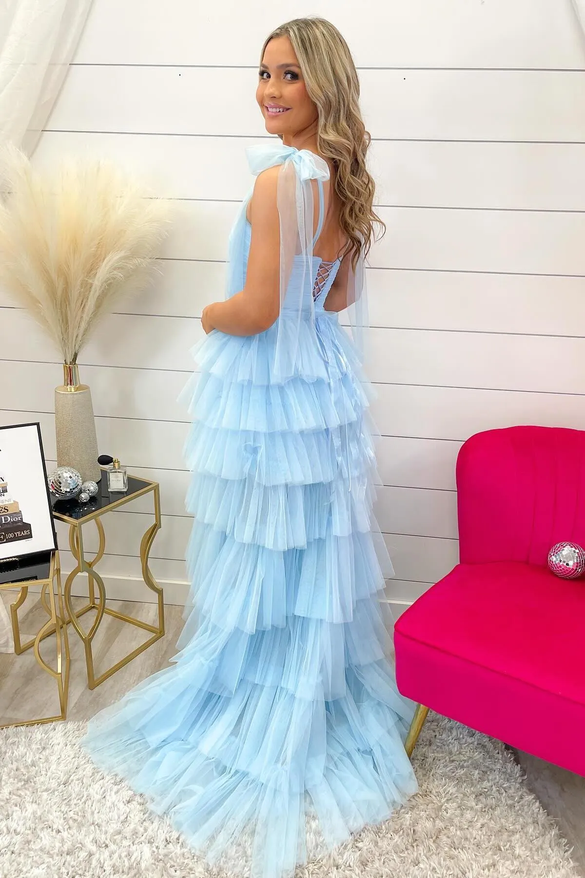Fuchsia Tulle Tiered Ruffles Party Dress with Tie Shoulders