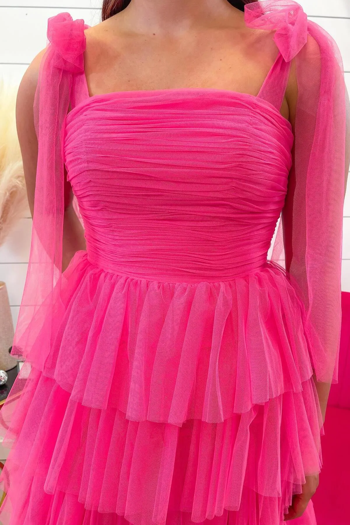 Fuchsia Tulle Tiered Ruffles Party Dress with Tie Shoulders
