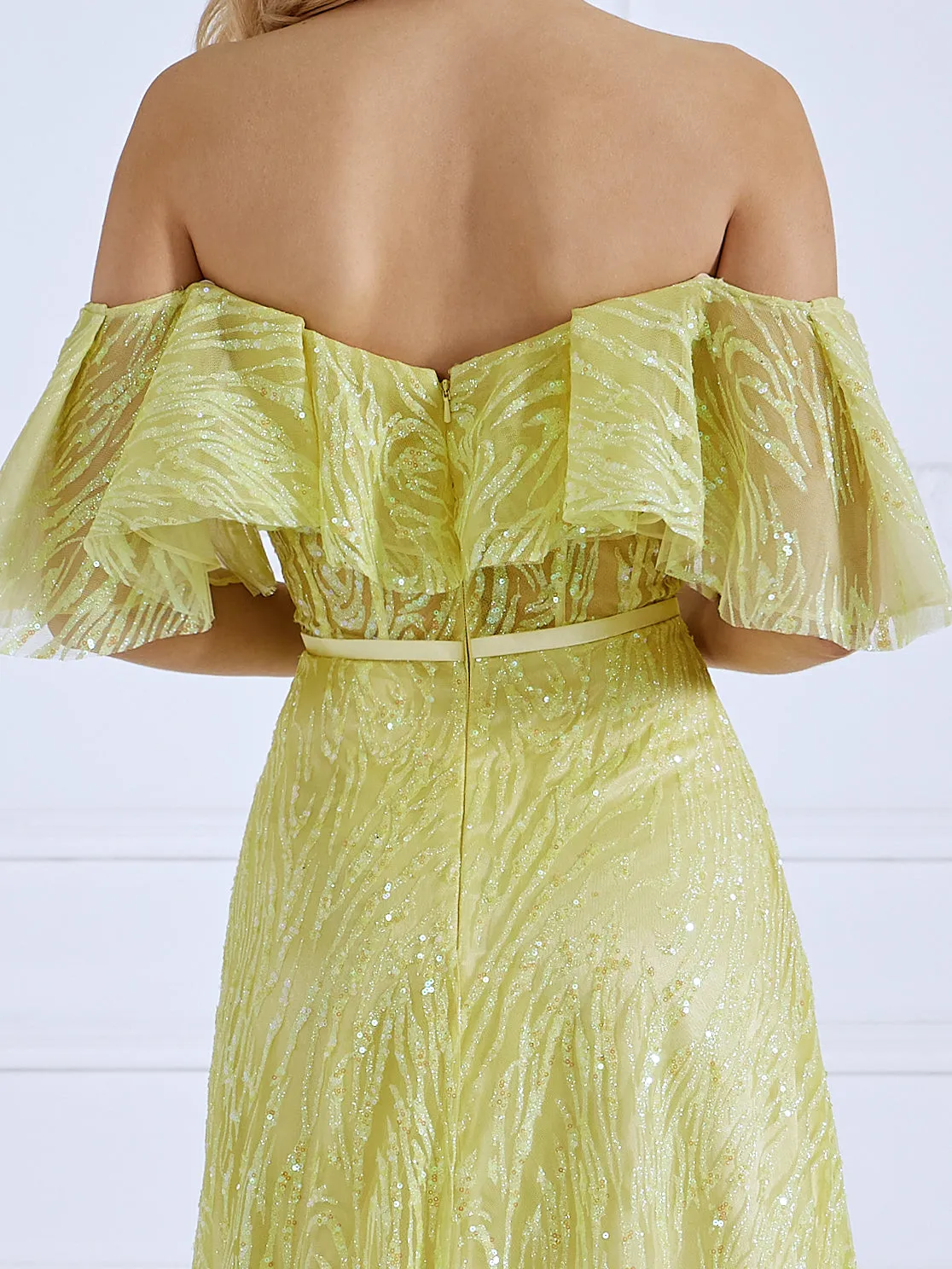 Glitter Off The Shoulder A line Gown Yellow Prom Dresses #17595