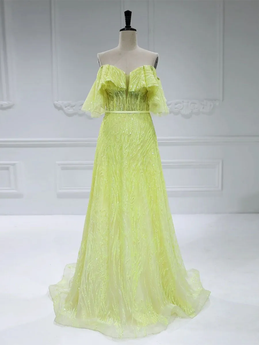 Glitter Off The Shoulder A line Gown Yellow Prom Dresses #17595
