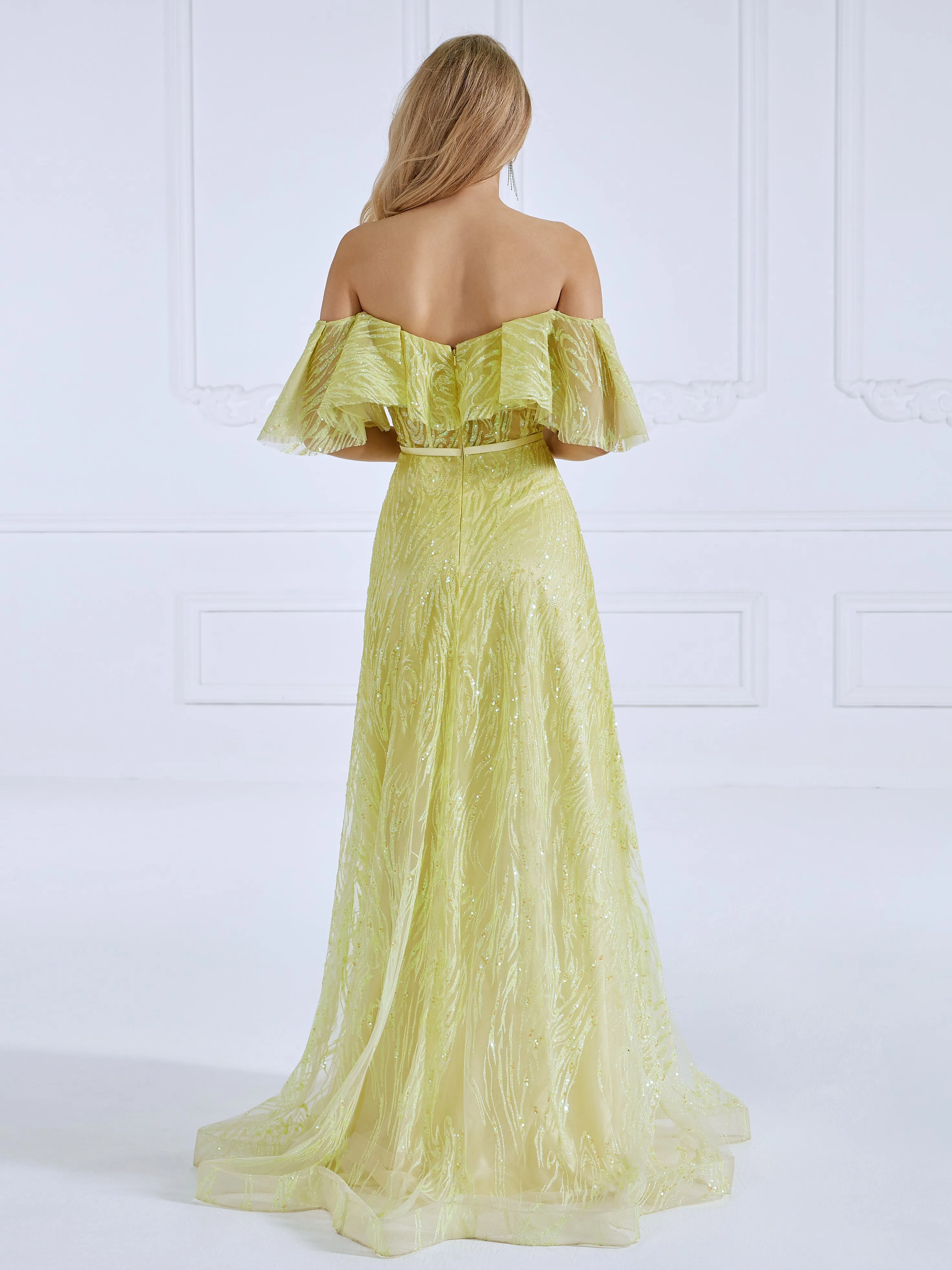 Glitter Off The Shoulder A line Gown Yellow Prom Dresses #17595