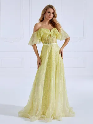 Glitter Off The Shoulder A line Gown Yellow Prom Dresses #17595