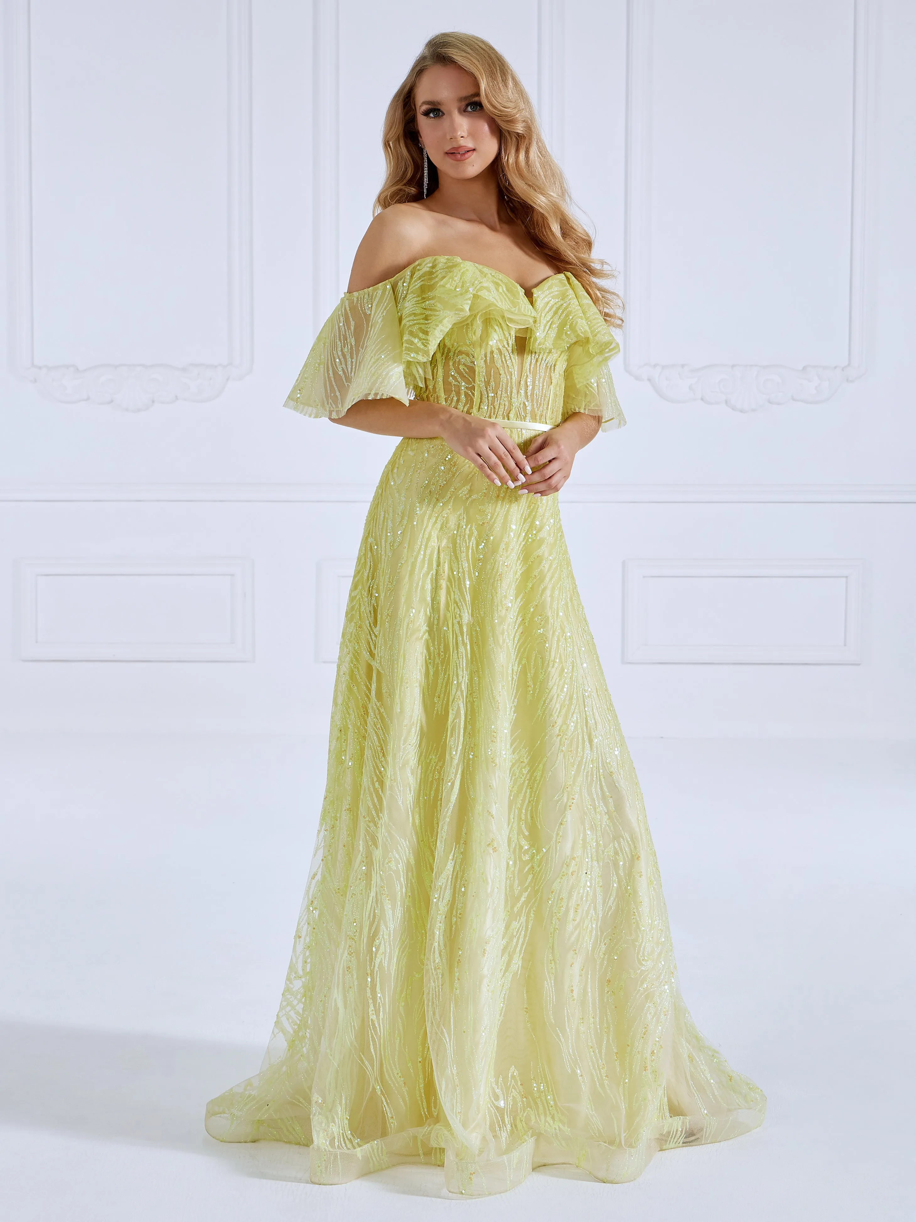 Glitter Off The Shoulder A line Gown Yellow Prom Dresses #17595