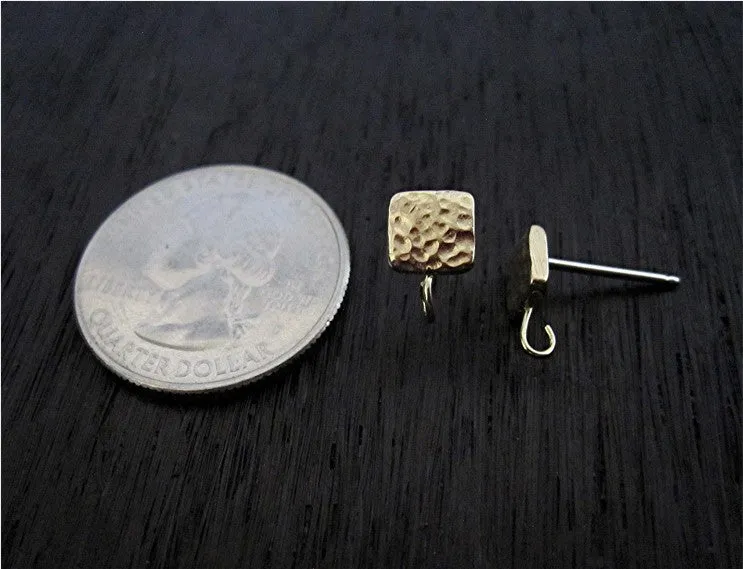 Gold Bronze Artisan Textured Square Earring Posts (one pair) (N)