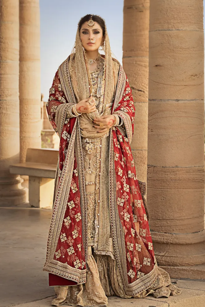 Golden Pakistani Bridal Dress in Gharara Kameez Style