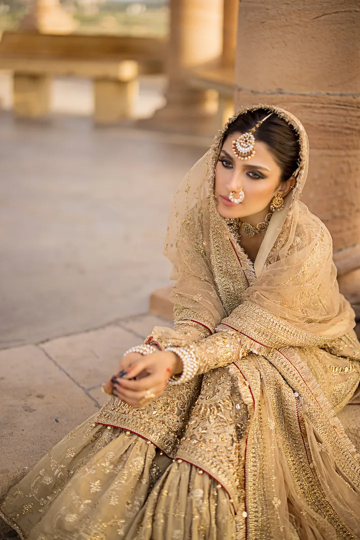 Golden Pakistani Bridal Dress in Gharara Kameez Style