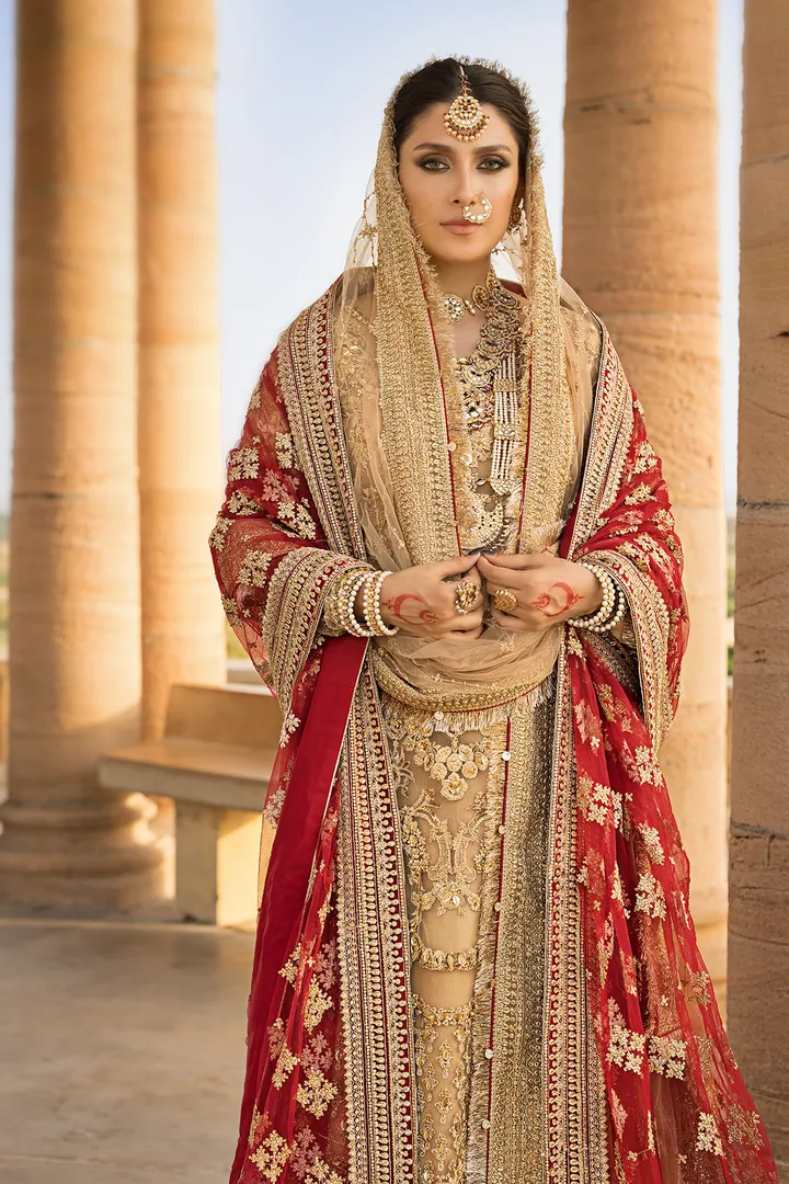 Golden Pakistani Bridal Dress in Gharara Kameez Style