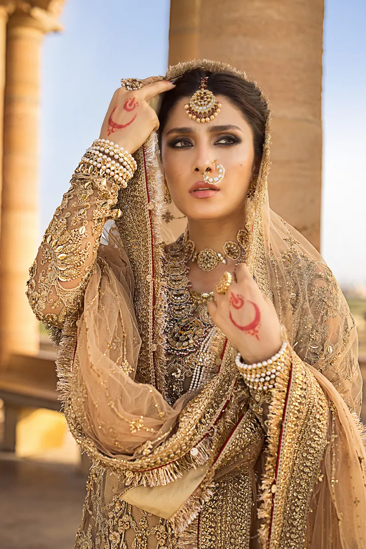 Golden Pakistani Bridal Dress in Gharara Kameez Style