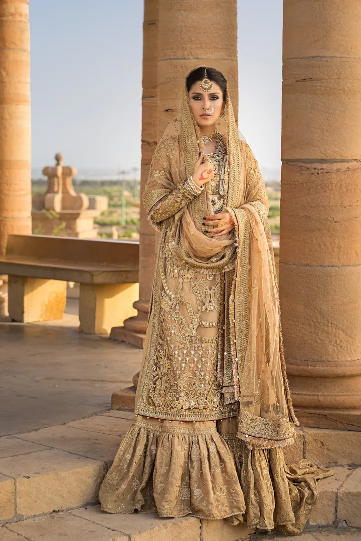 Golden Pakistani Bridal Dress in Gharara Kameez Style