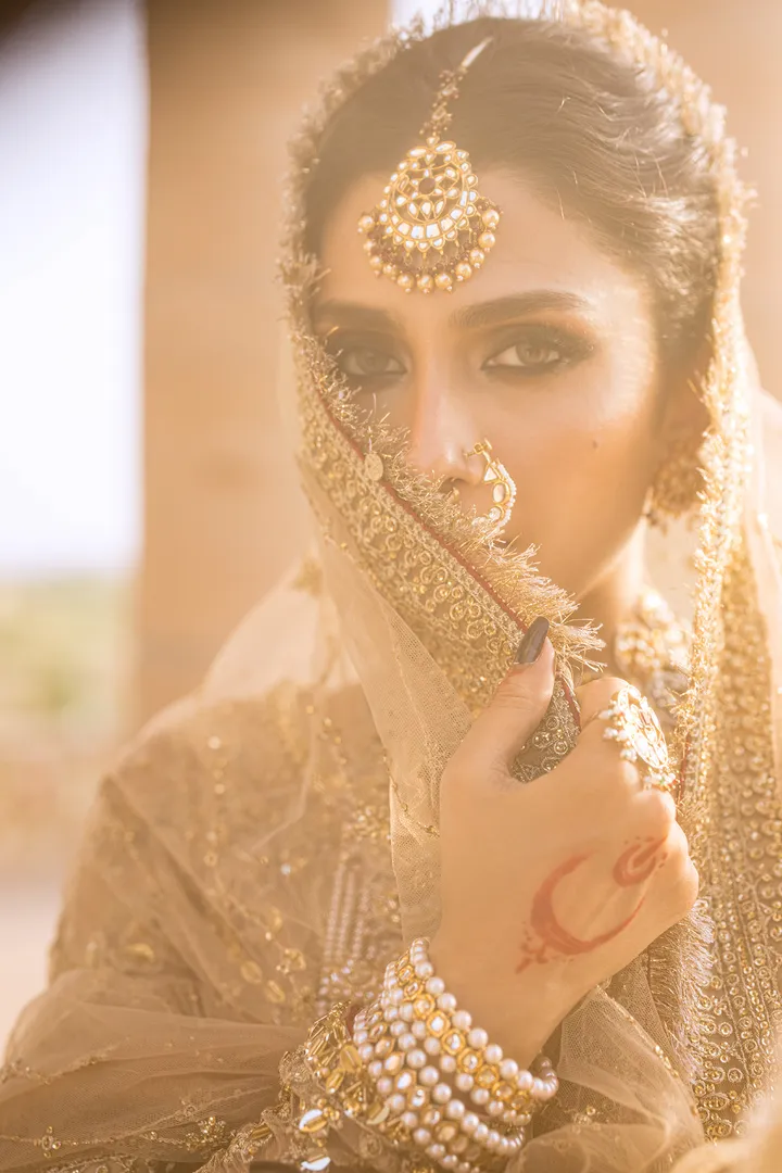 Golden Pakistani Bridal Dress in Gharara Kameez Style