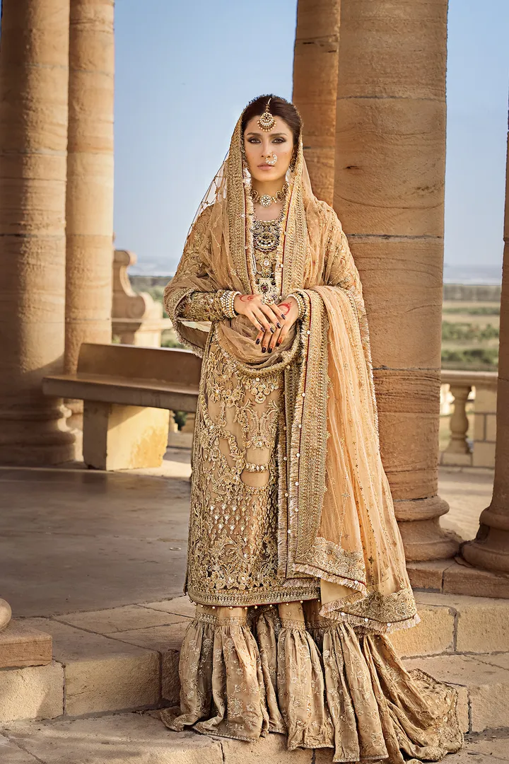 Golden Pakistani Bridal Dress in Gharara Kameez Style